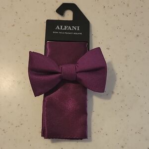 Alfani Satin Bow Tie & Pocket Square Set - Plum Purple